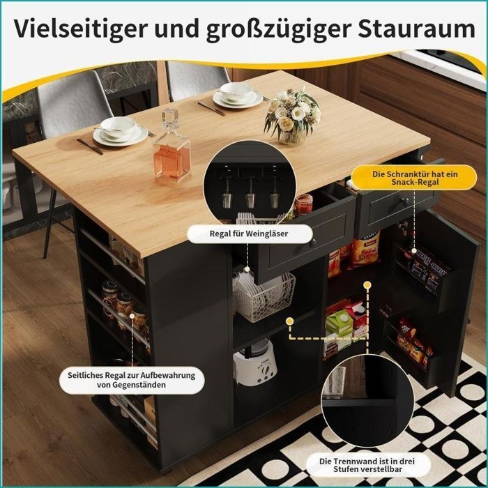 Kitchen Island & Multifunctional Cart - Wine Glass Storage, Snacks, Adjustable Dividers - Black