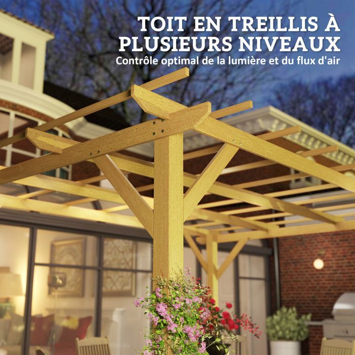 Pergola de jardin exterieur 3 x 4 m - Outsunny - pergola en bois - pour plantes grimpantes - bois naturel