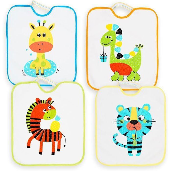 TI-TIN | Confezione da 4 bavaglini impermeabili in spugna per asilo nido | Set di 4 bavaglini con chiusura elastica | Animali | 12 mesi
