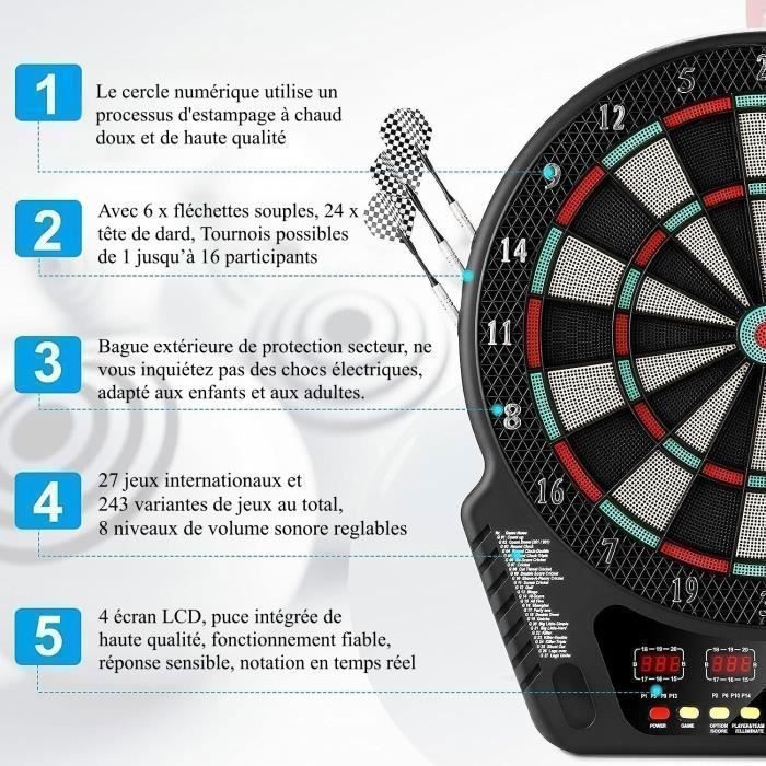 Alvo eletrônico de dardos - ELOKLEM - 4 telas de LED + 27 modos de jogo + 243 variações + 6 dardos - Para 1 a 16 jogadores