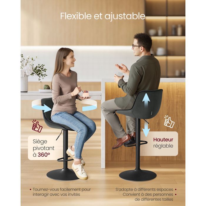 Swivel Bar Stools - Set of 2 - Adjustable - Anthracite Grey Velvet - Metal Base