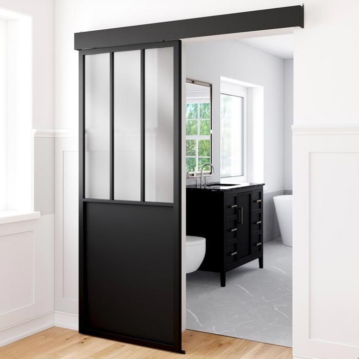 IDMARKET Kit porte coulissante verrière 83 cm en métal + MDF avec rail et fixations