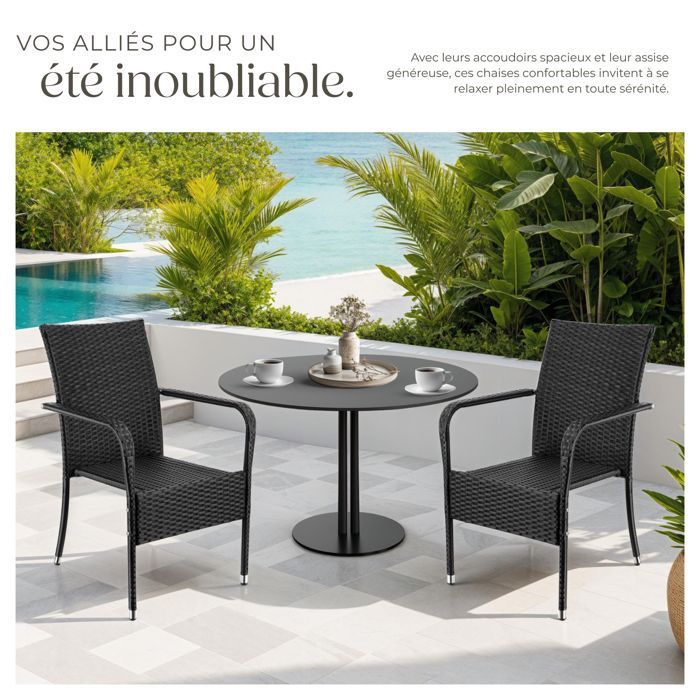 Chaises de jardin - TECTAKE - Lot de 6 fauteuils de repas d'extérieur en rotin résistants aux UVs 58 x 67 x 90 cm - Noir