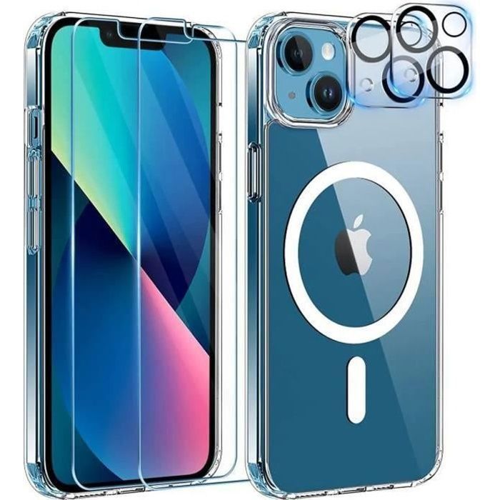 Funda para iPhone 13 - MASSILIA TECH - Transparente - 2 protectores de pantalla de vidrio templado + protector de cámara de TPU