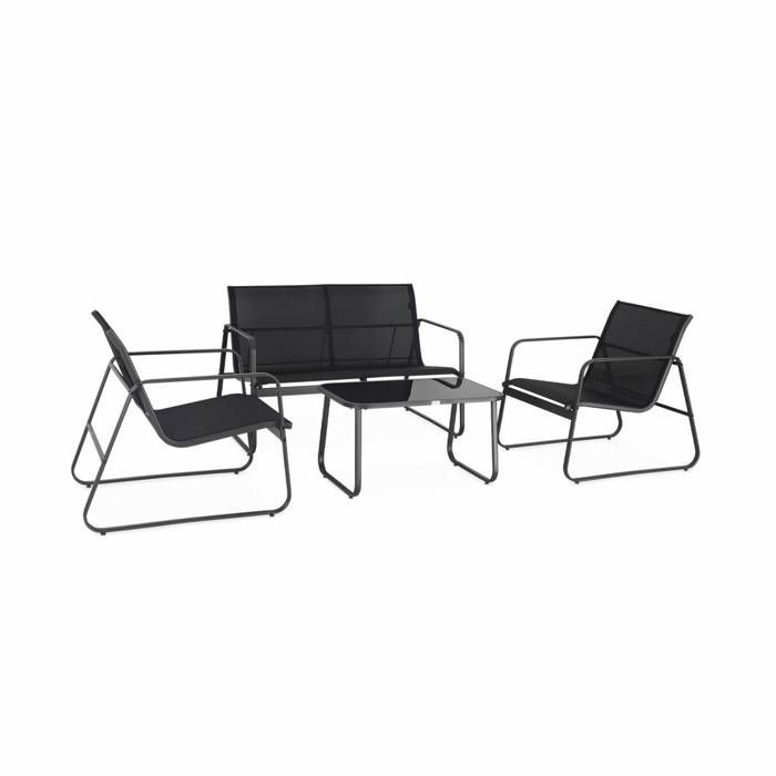 Set di mobili da giardino in metallo e textilene per 4 persone. Grigio scuro e nero. Design
