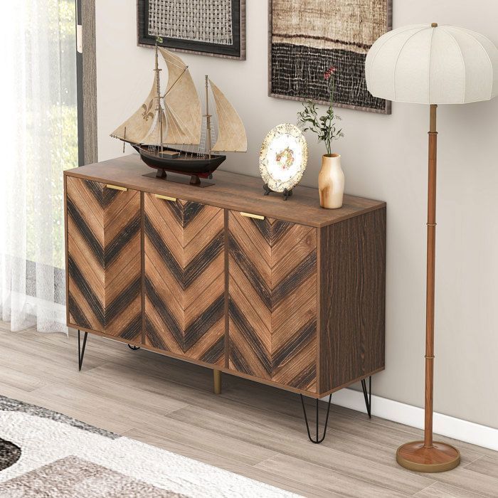 3-Door Sideboard - Solid Wood Storage Cabinet - Modern Chest of Drawers/Entryway Furniture/Shelf - 120x76.5x38cm - Wood+Black