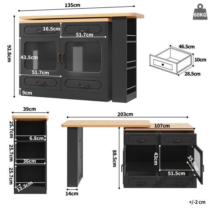 Îlot de cuisine rétractable avec éclairage LED, table à manger rotative à 360°, 4 tiroirs et support à collations - Noir