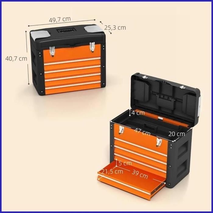 Caixa de ferramentas vazia - HOMCOM - 4 gavetas + espaço de armazenamento superior - Aço/Plástico - Laranja