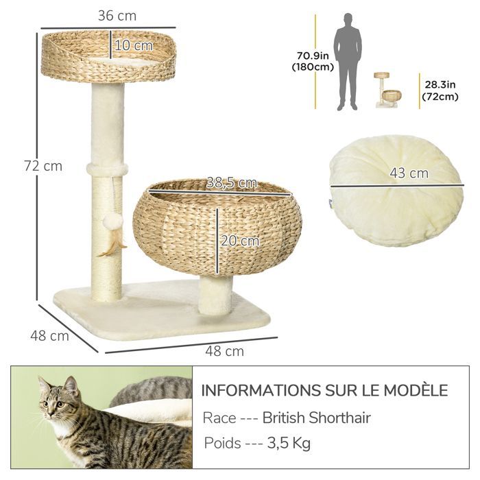 Cat tree - PawHut - 2-level scratching post, 72 cm high, sisal post, hide, platform - plush - beige