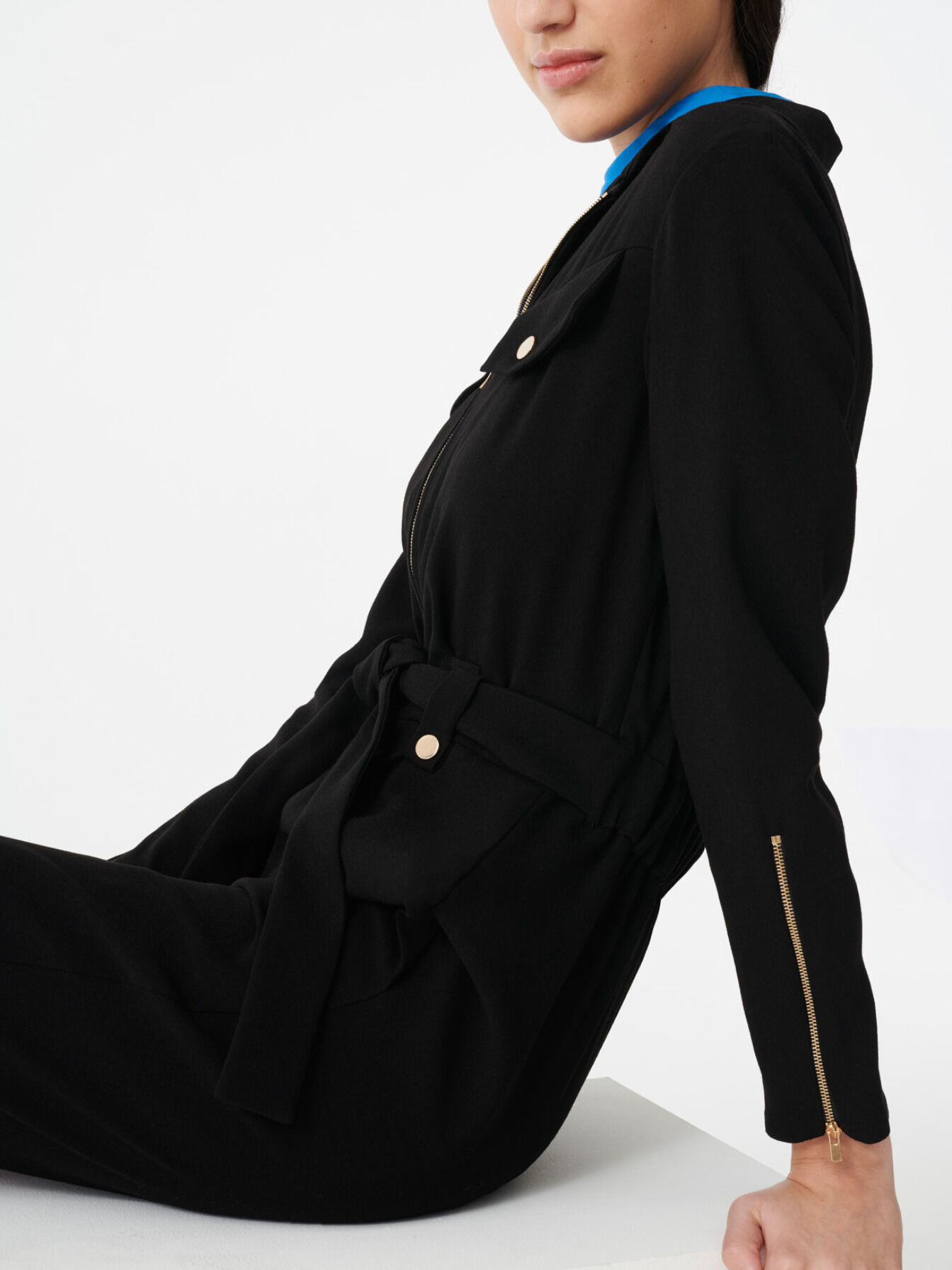 Pantaloni mono crep cu cremallera-Negro