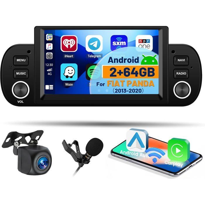 Android 13 2GB+64GB 6,2-tums bilradio för FIAT Panda 2013-2020 med CarPlay/Android Auto, trådlös GPS, WiFi, kamera och mikrofon