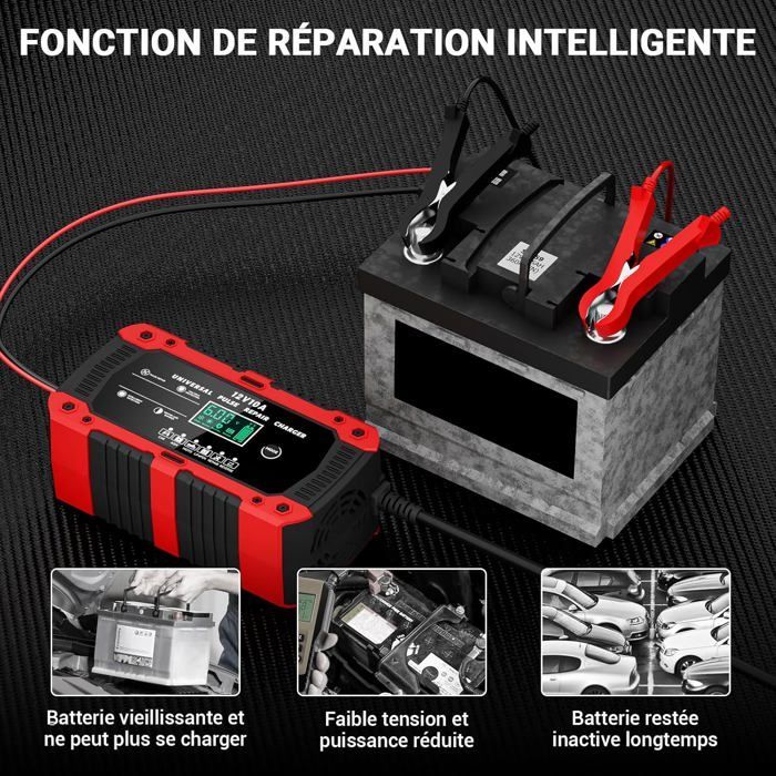 Cargador de batería para coche LiFePO4 de 12 V y 10 A, cargador inteligente para coches y motocicletas con pantalla LCD y reparación automatizada.