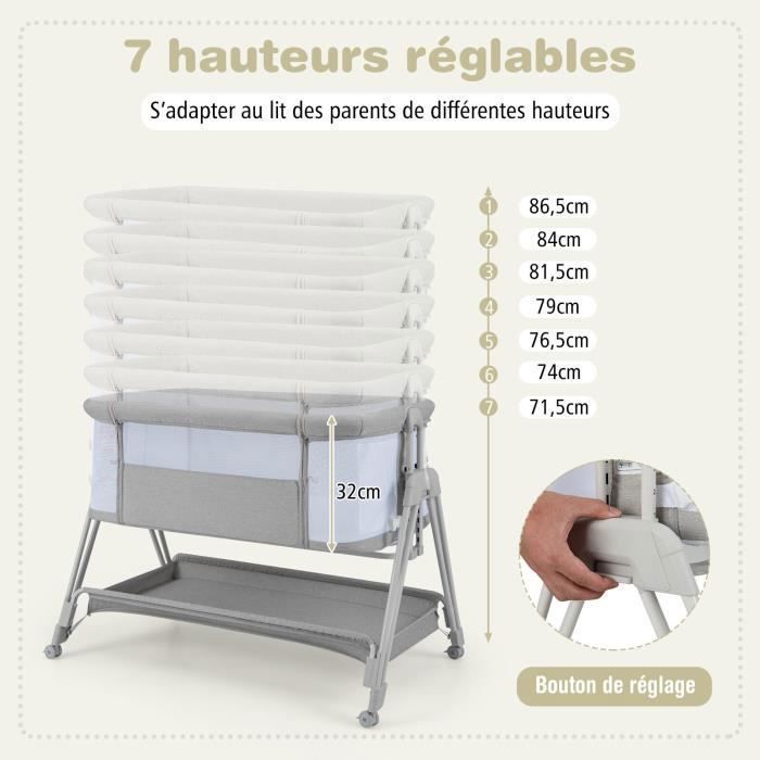 Culla da co-sleeping COSTWAY per neonati con materasso, pieghevole, regolabile in 7 altezze, dotata di 4 ruote bloccabili, cinghie di fissaggio e ripiano.