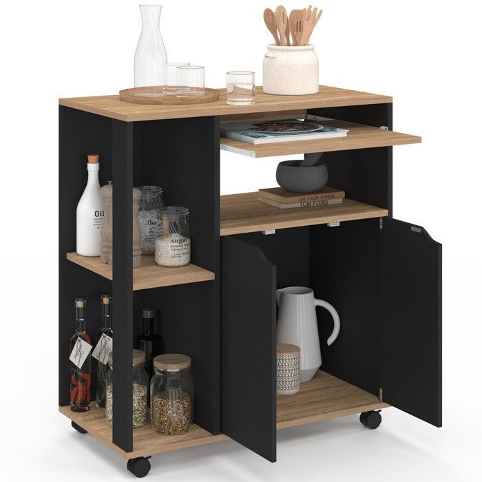 IDMARKET Desserte de cuisine COSI bois noir et plateaux façon hêtre L.76 CM