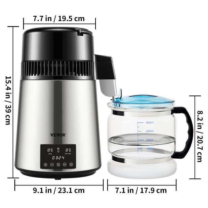 Destilador de água em aço inoxidável - VEVOR - YMK40207 - 1L/h 30-108℃ - 4L - Prata