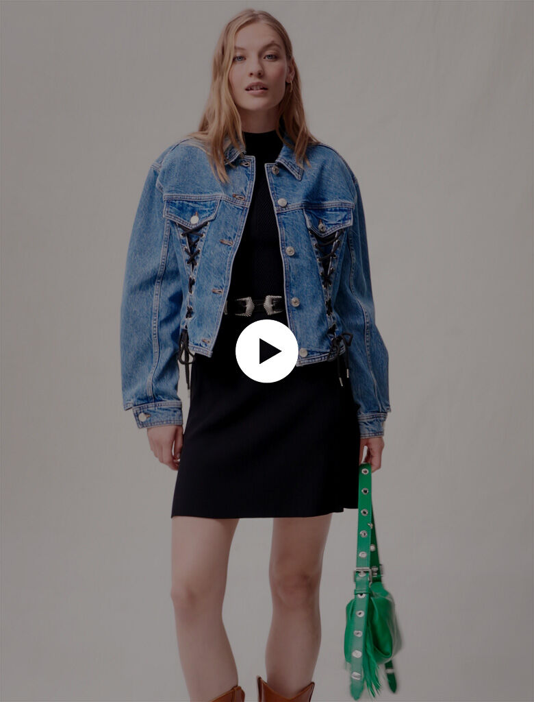 Jachetă din denim cu cravată - Albastră