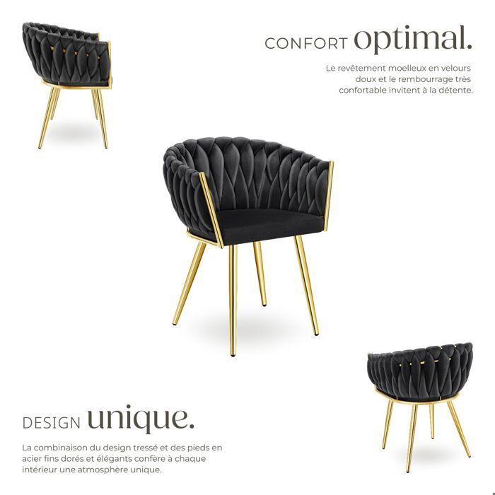 Chaises - TECTAKE - Lot de 2 fauteuils de salle à manger ASTANO en velours design noué avec pieds fin en acier - Noir/Or