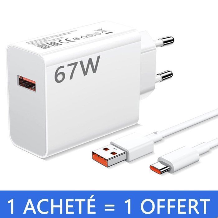 Lot de 2 Chargeur mural ultra rapide 67 W compatible avec les téléphones Xiaomi, avec câble USB A vers Type C de 1 mètre et 6 A