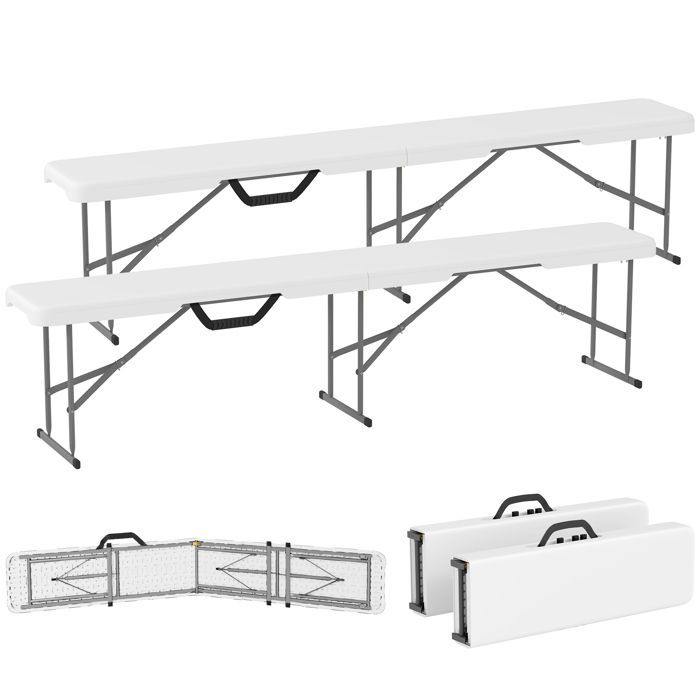 Set of 2 Garden Benches - Outsunny - Folding - with Carrying Handle - Metal and HDPE - 182 x 28 x 42 cm - White