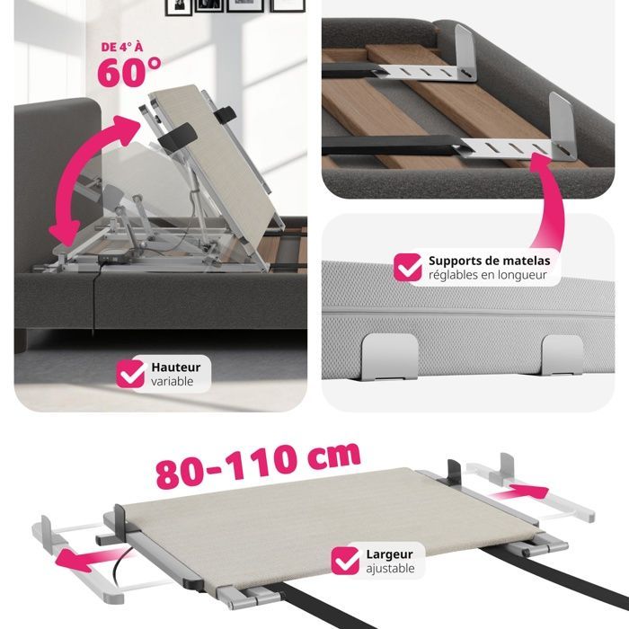 Estructura de cama - TECTAKE - COSY GLIDE con respaldo eléctrico, base de láminas regulables continuamente y motor silencioso - 110 x 243 x 62 cm