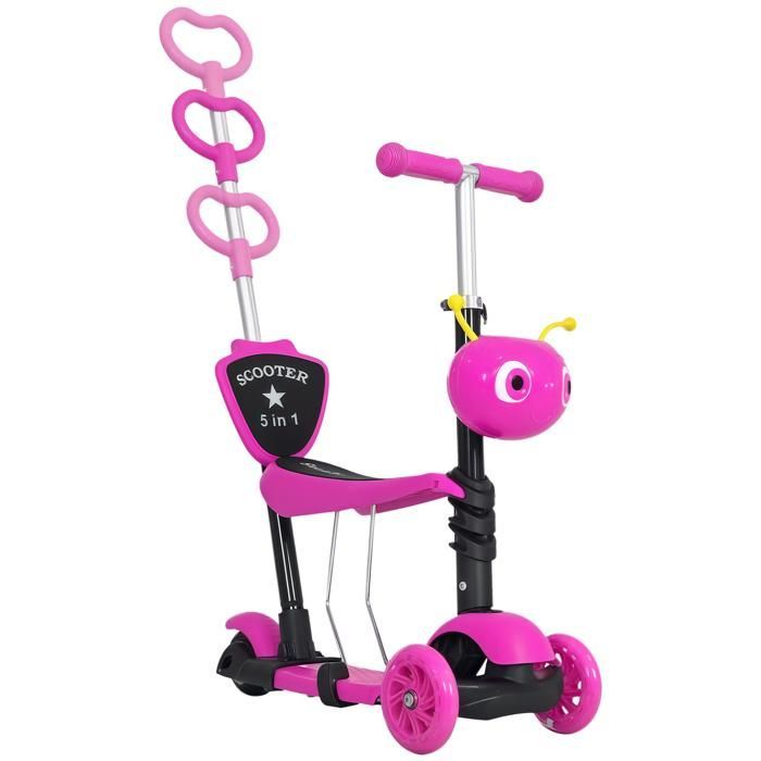 Patinete infantil - HOMCOM - Patinete convertible 5 en 1 con 3 ruedas, manillar ajustable, asa de empuje y asiento extraíble - PP - Rosa