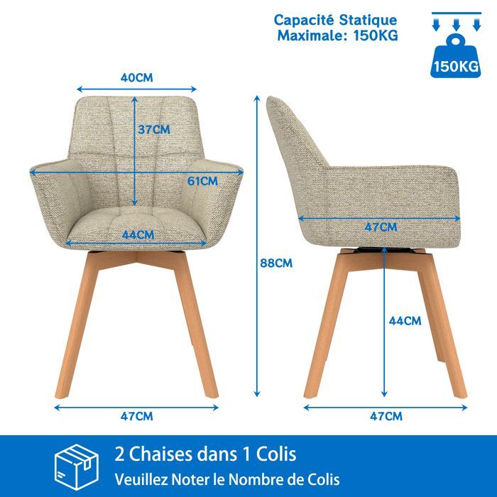 WAFTING Lot de 2 Chaises de Salle à Manger Pivotantes avec Accoudoirs, Fauteuil Rembourrée avec Dossier en coton, Khaki
