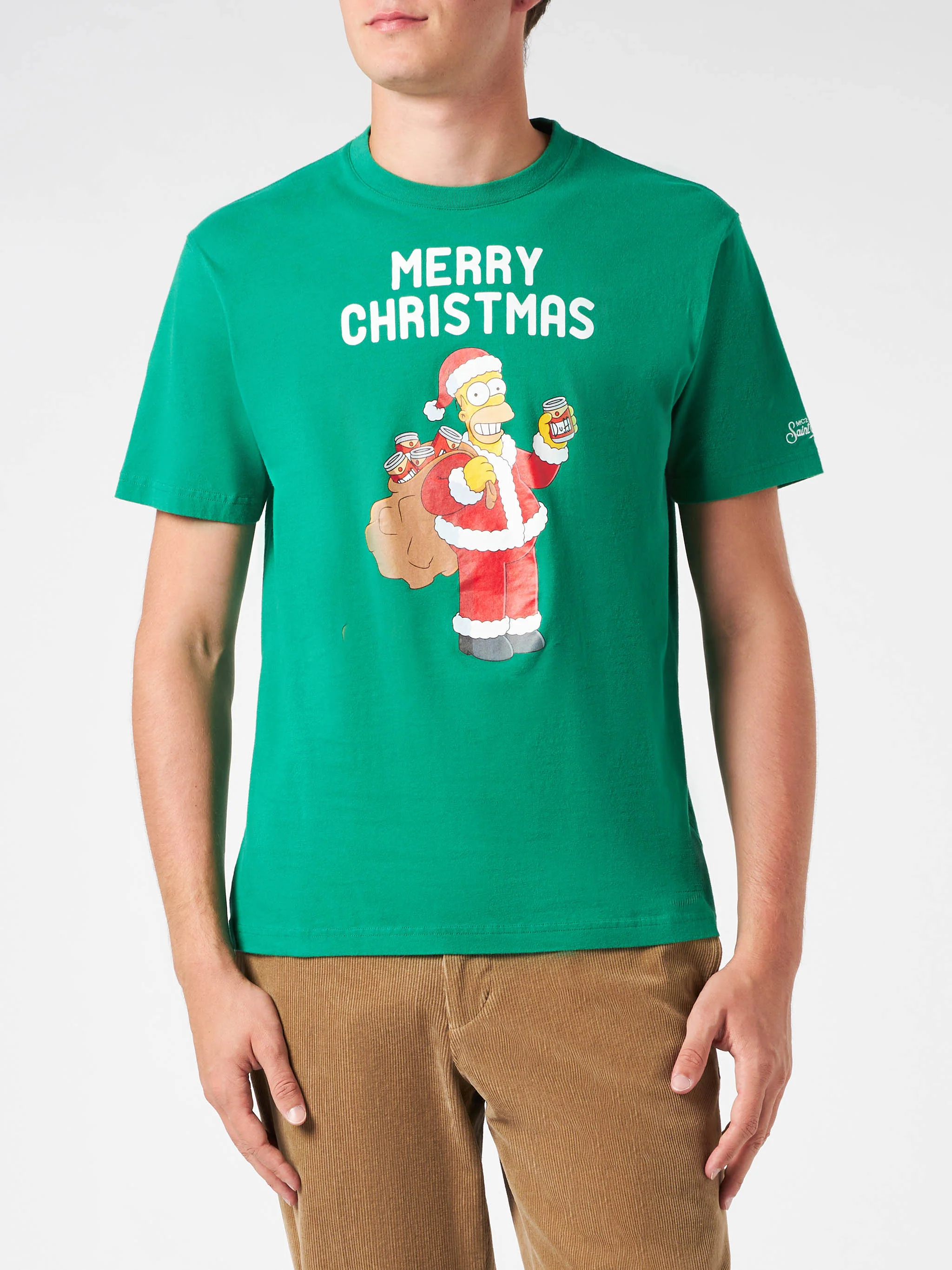Heren T-shirt van zwaar katoen met Homer Simpson Merry Chris-print.