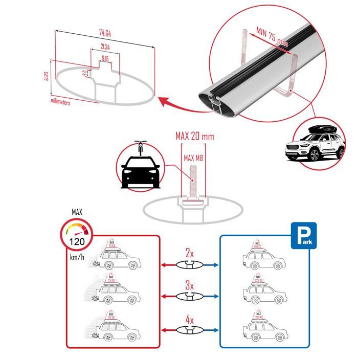 Barras de techo FLY para Peugeot Partner 2019-2023: 4 barras de aluminio, capacidad de carga de 300 kg, color gris.
