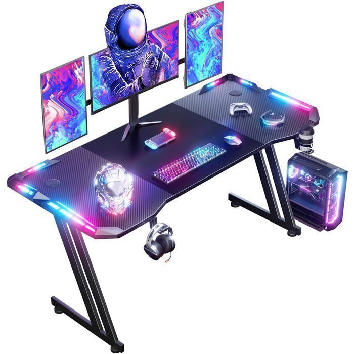 HLONONE 160 x 60 cm LED-Gaming-Tisch, Gaming-Schreibtisch mit Carbonfaser-Tischplatte, großer Gaming-Tisch, Schwarz