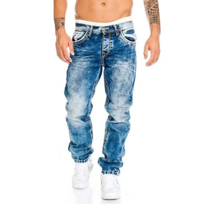 Men's Stretch Denim Jeans - Comfortable and Durable - Urban Hip Hop Style - Straight Fit for Everyday Wear - Sizes S-3XL - Light Blue