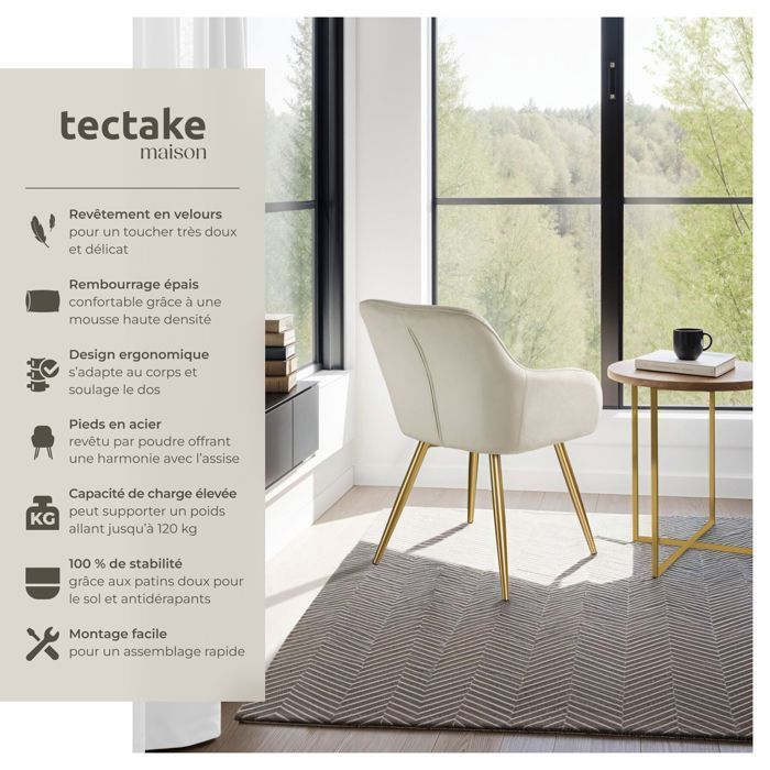 Silla - TECTAKE - Silla de comedor MARYLIN en terciopelo con patas de acero dorado - Crema/Dorado