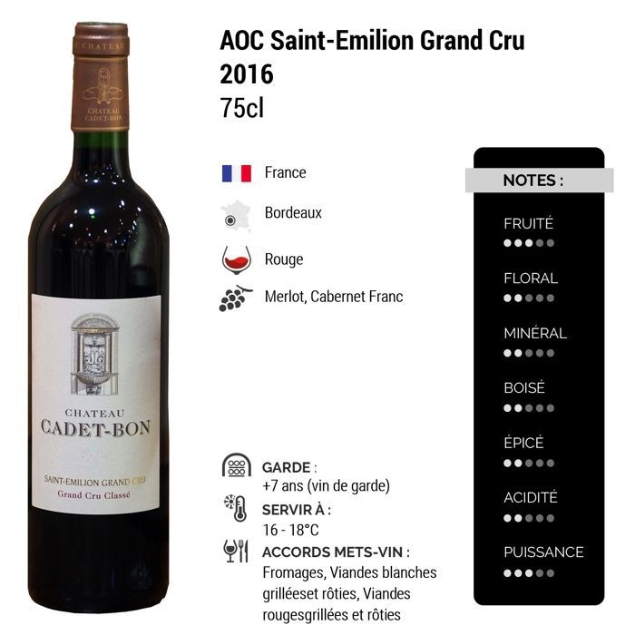 Château Cadet-Bon Saint-Emilion Grand Cru 2016 - Vin Rouge de Bordeaux (3x75cl)