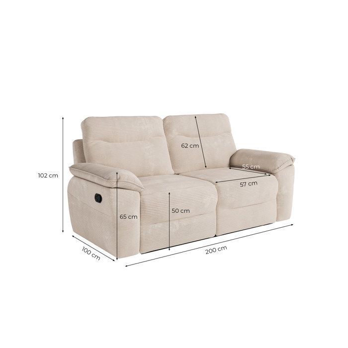 Canapé de relaxation manuel ROSS 3 places en velours côtelé - Marron - L200 x P100 x H102cm - LOUNGITUDE