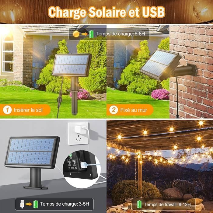 Guirnalda de luces LED solares para exteriores de 30 m, 50+2 LED G40, resistente al agua IP65, con control remoto RF para jardín, fiestas, patio y terraza.