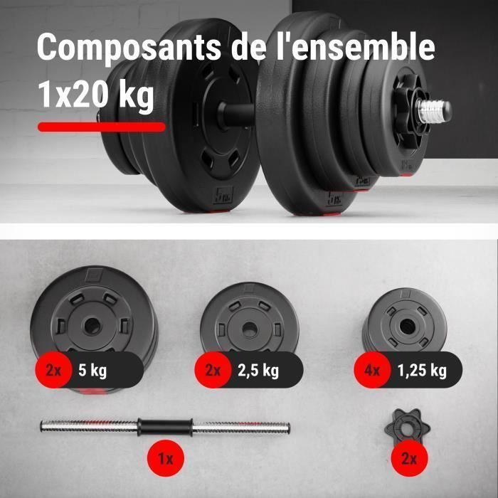 Halter de levantamento de peso Hop-Sport de 20 kg em betume com barra curta de 52 cm e 1 disco de peso de plástico de 20 kg.
