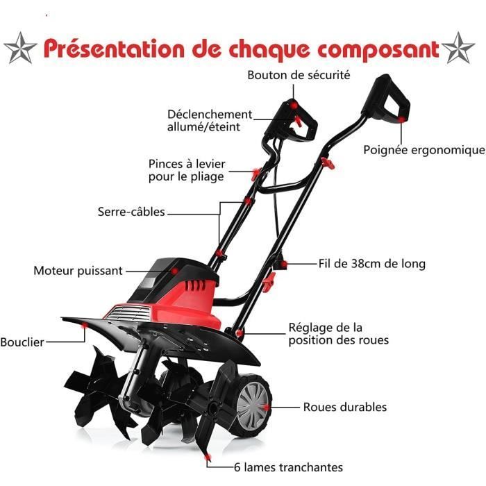 RELAX4LIFE Motobineuse Électrique 1500 W à 400 RPM, Largeur de Travail 43 CM et 6 Lames, Poignée Pliable et Bouton de Sécurité