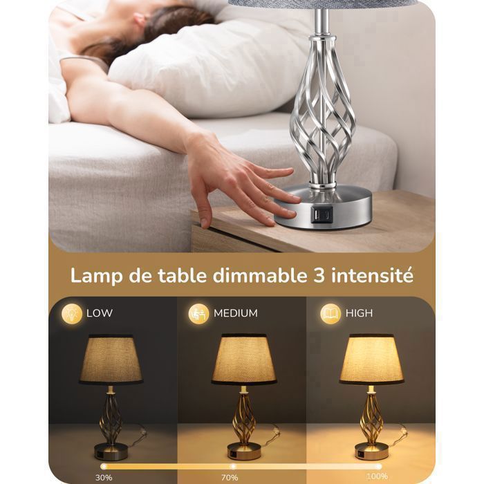 Juego de 2 lámparas de mesa táctiles EDISHINE, USB A+C, bombilla LED regulable E27 incluida, pantalla gris.