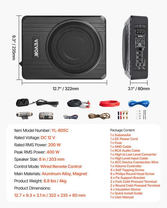 VEVOR 400 W:n istuimen alle asennettava subwoofer autoon - kapea bassokaiutin autoon, 203 mm