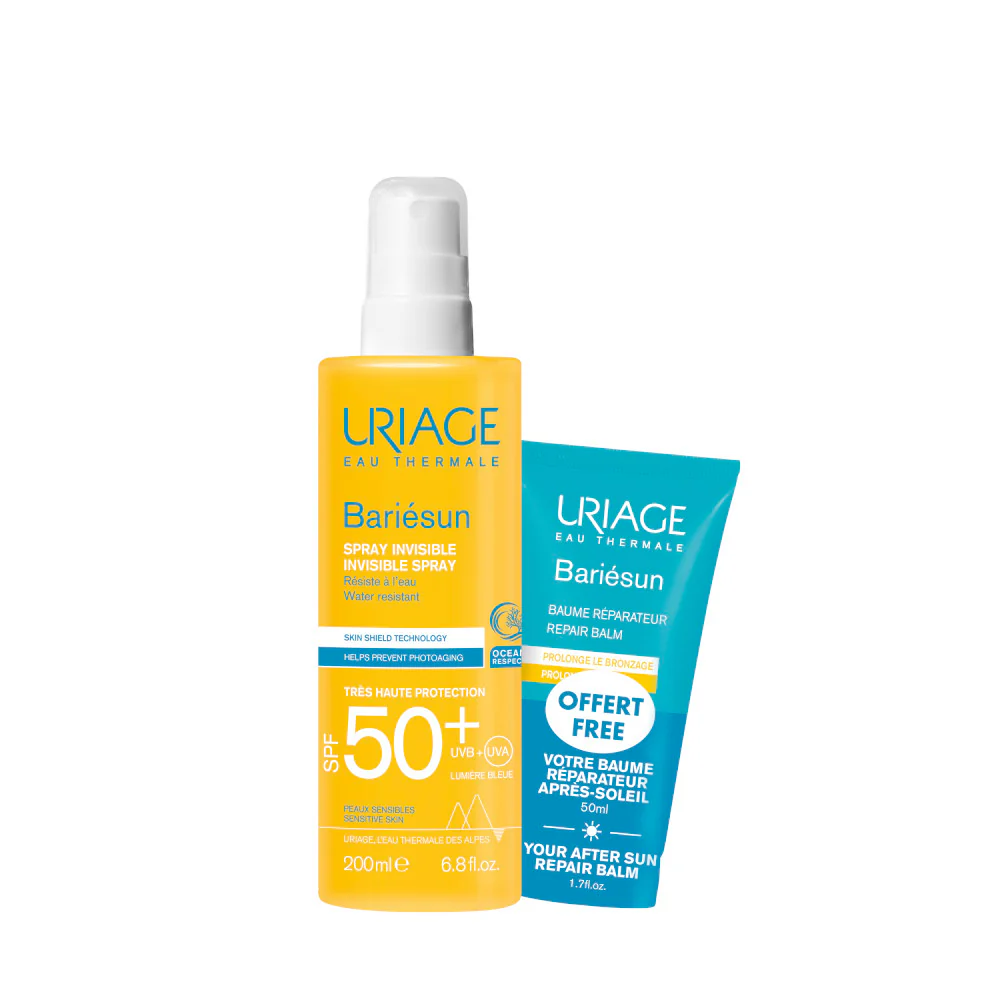 BARIESUN DUO Spray Invisibile Crema solare Spf50+ & Balsamo Doposole - Spray solare corpo alta prot., Solare viso alta prot., Crema corpo doposole