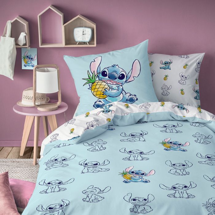 Parure de lit enfant 100% Coton - DISNEY STITCH ANANAS - Bleu/blanc - 140x200+63x63cm