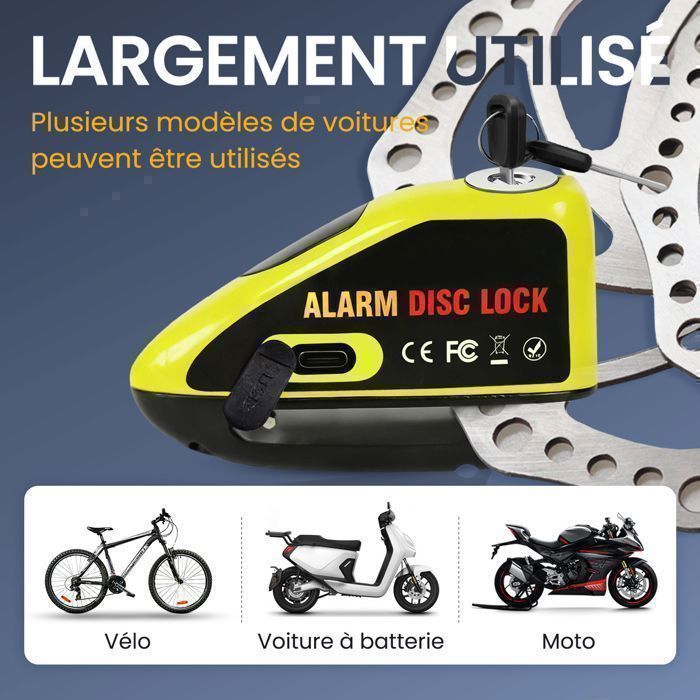 Candado de disco recargable por USB Antivel para motocicleta - Alarma de alta seguridad de 110 dB - con cable recordatorio antirrobo - para motocicleta/scooter