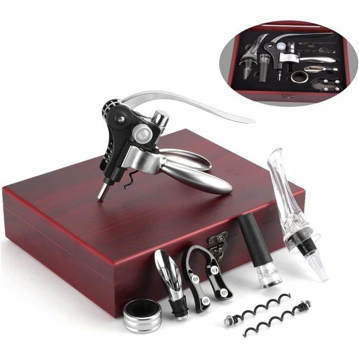 Juego de accesorios para vino - ZGEER - Sacacorchos de palanca - Vertedor de vino - Caja de regalo de madera