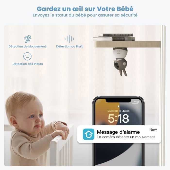 Babá eletrônica 2K/3MP de 5 polegadas com 2 câmeras, vídeo PTZ 360°, alertas inteligentes, visão noturna e rastreamento.