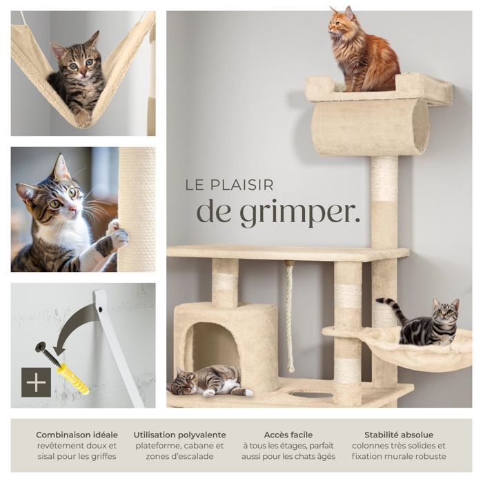Arbre à chat - TECTAKE - Mobilier pour chat STOKELEY 141 cm de hauteur avec zones de couchage et cordelette - Beige