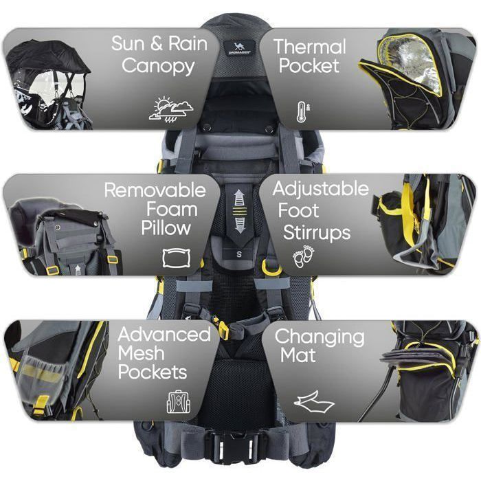 Portabebés DRAMADER para senderismo - Cómodo hasta 22 kg - Mochila con bolsillo isotérmico, funda para el sol y la lluvia - Negro y amarillo