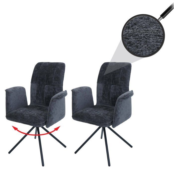 Set di 2 sedie da pranzo MCW-N99 con braccioli in ciniglia grigio scuro