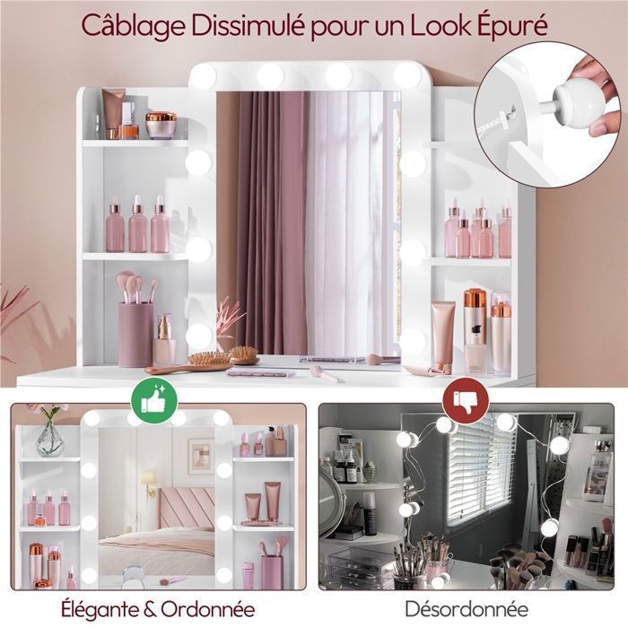 Yaheetech Coiffeuse avec Miroir 10 LED 3 Couleurs Deux Grands Tiroirs et Six Étagères de Rangement, Blanc