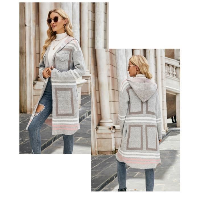 Pull Femme A Capuche Mi-Longue Tricoté Coupe Décontractée Manches Longues Casual - Gris - INSFITY