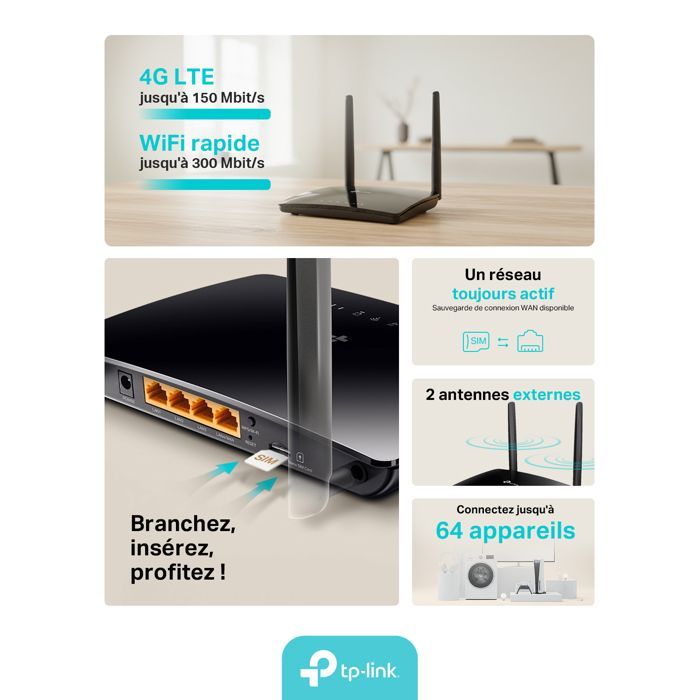 Routeur 4G LTE WiFi - TP-Link - Archer MR200 - 750 Mbps - 4 ports Ethernet - Antennes Amovibles - - Reconditionné