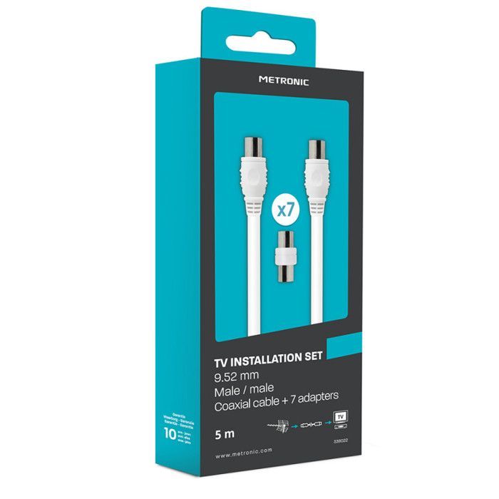 Câble TV coaxial 9,52 mm mâle/mâle+adaptateurs universels 5 m - blanc